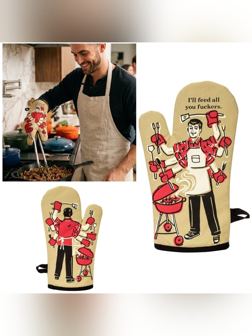 Blue Q "I’ll Feed All You F**ers" Oven Mitt Retro Style & Heavy-Duty Protection
